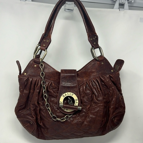 Bally Moreen T Bag Brown Italian Quilted Distressed Leather Satchel Shoulder Bag - Picture 1 of 13